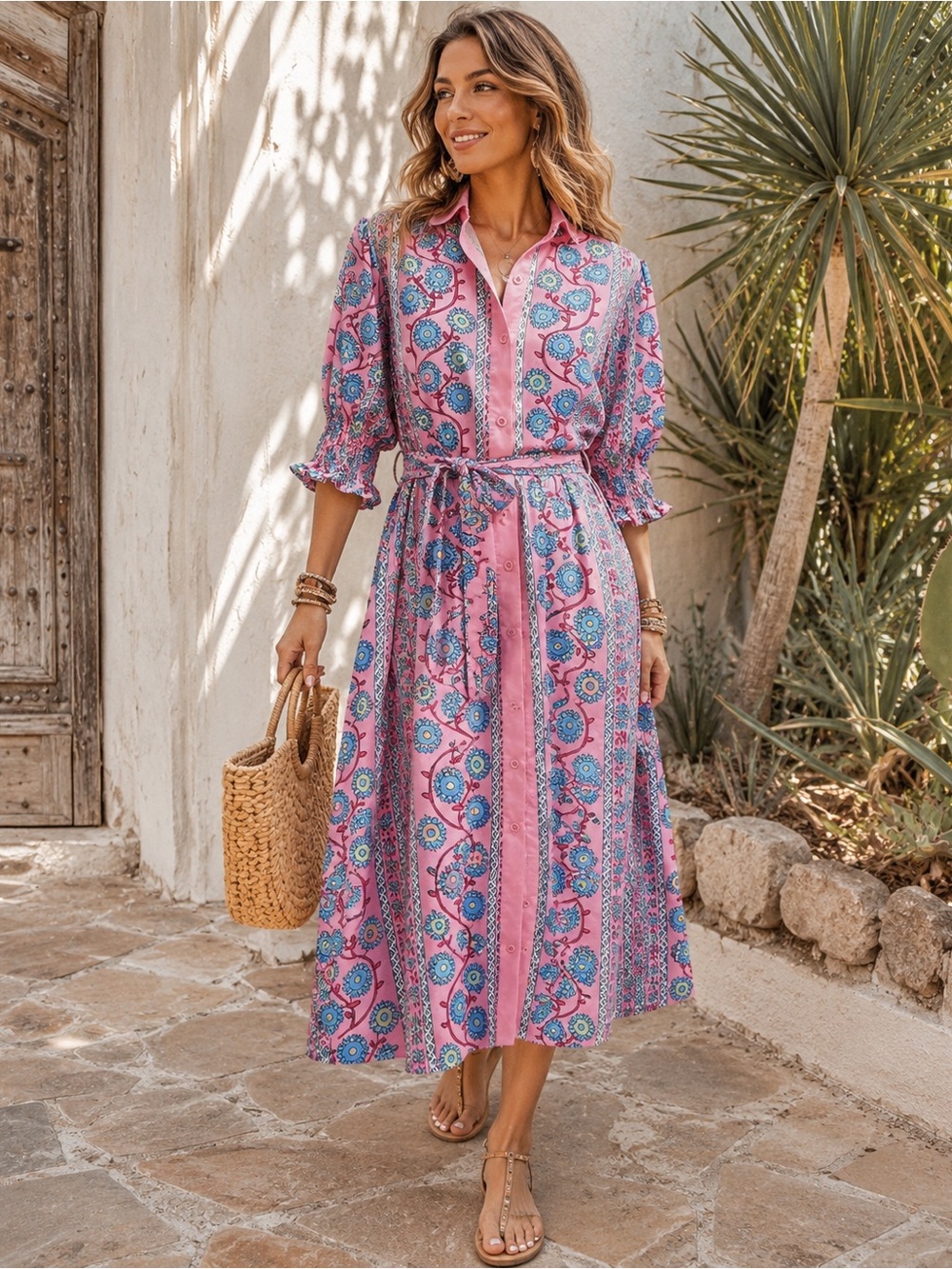 Pink Floral Boho Button-Front Midi Dress – Size M